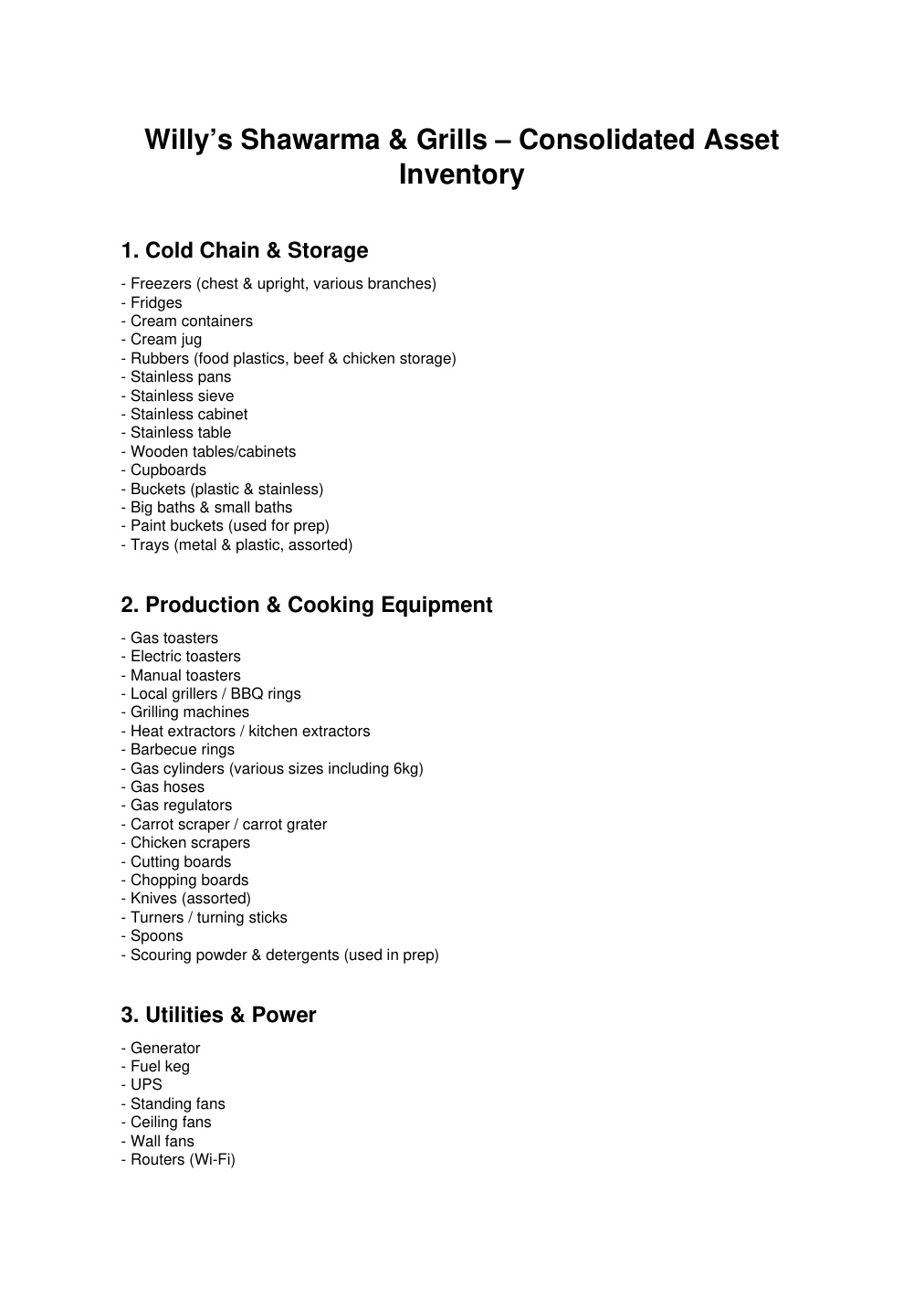 Willy's consolidated inventory document